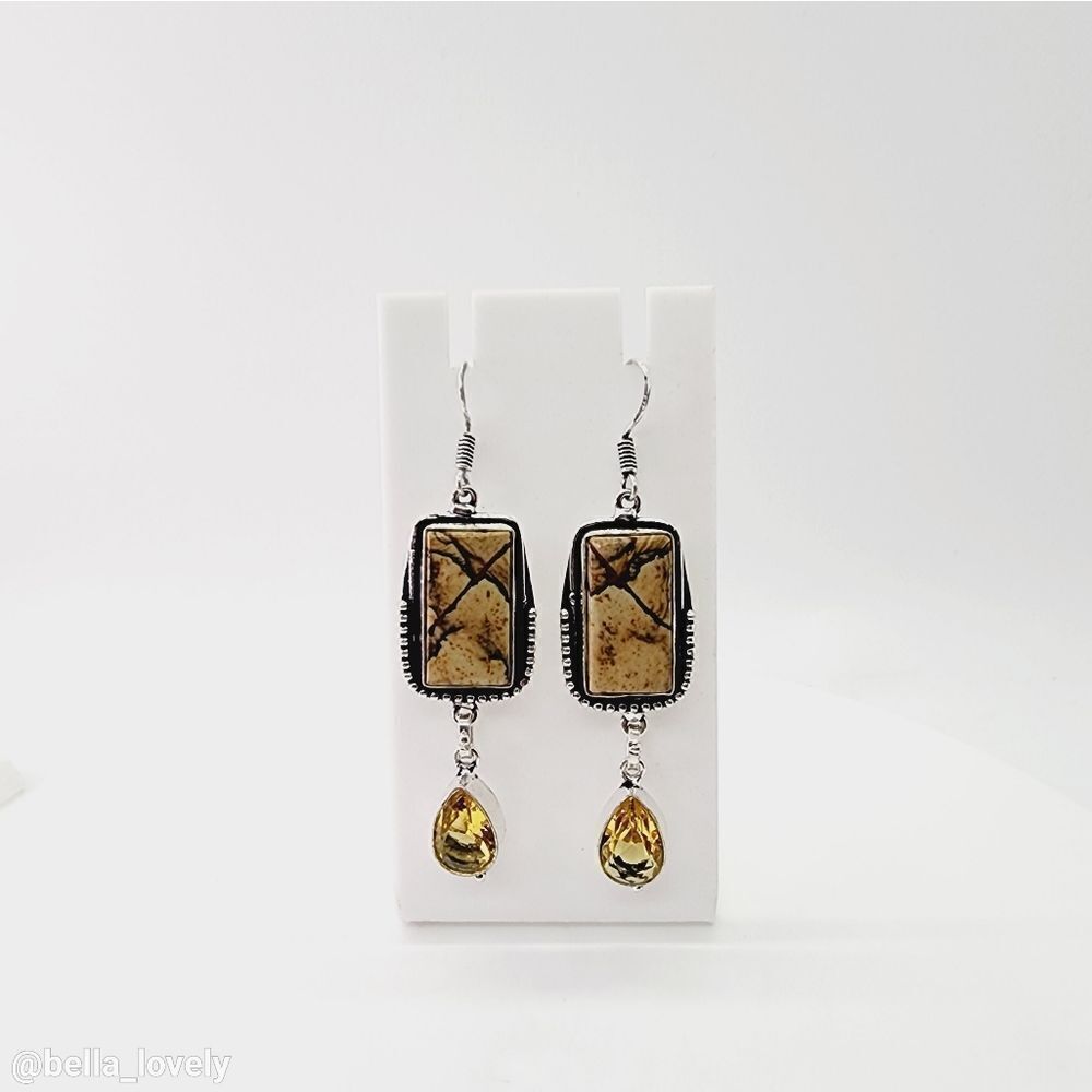 Picture Jasper Citrine Handmade Drop Dangle Ethnic Gift Earrings Jewelry 2.65"
